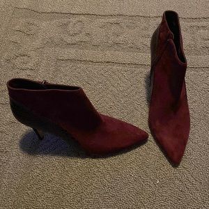 Burgundy suede & bootie with alligator accented heel